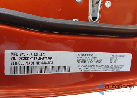 2021 Dodge Charger R/T Rwd из США, поврежденный, VIN 2C3CDXCT7MH670893